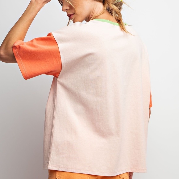 NEW EASEL LIVE LAUGH AND LOVE PRINT WASHED COTTON JERSEY TOP SHIRT SMALL PEACH - Picture 7 of 8